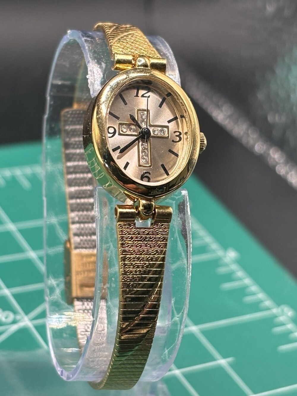 VINTAGE AVON STAINLESS STEELE GOLD CROWN WATCH ~ RHINESTONES ON CROSS